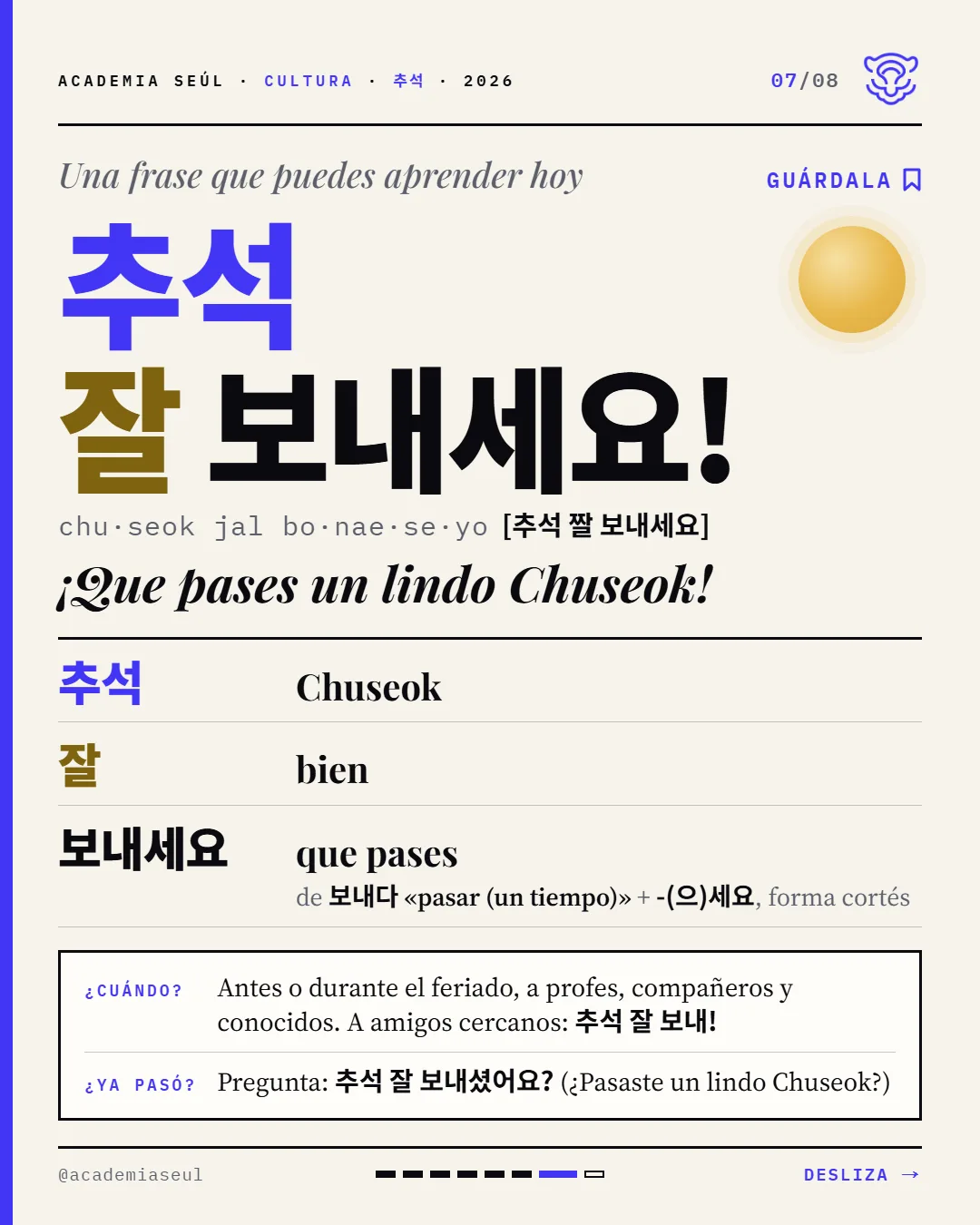Lámina de Academia Seúl con la frase 추석 잘 보내세요!, su pronunciación [추석 짤 보내세요] y su traducción, ¡Que pases un lindo Chuseok!, desglosada palabra por palabra: 추석 (Chuseok), 잘 (bien), 보내세요 (que pases). Abajo, cuándo usarla y la pregunta 추석 잘 보내셨어요? para después del feriado.