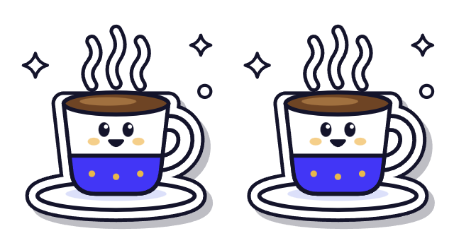 Ilustración de Academia Seúl: dos tazas de café iguales, con carita sonriente y franja azul, sobre sus platos, para la frase 커피 두 잔 (dos cafés).
