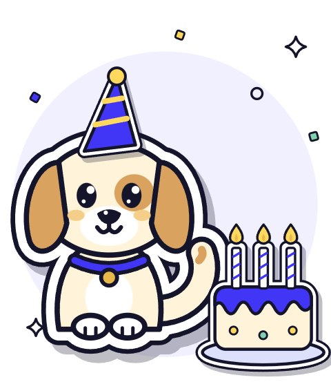 Ilustración de Academia Seúl: un perrito con gorro de fiesta azul sentado junto a una torta azul con tres velas encendidas, para la frase 세 살 (tres años).
