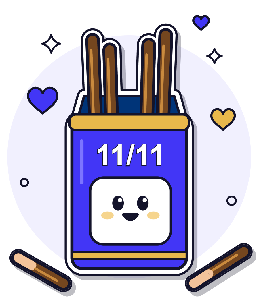Dibujo de Academia Seúl: una caja azul sin marca con «11/11» escrito en blanco y una carita sonriente; de la caja asoman cuatro palitos de galleta con chocolate en dos pares, como 11 11, y hay dos palitos sueltos delante, con corazones azules y dorados alrededor.