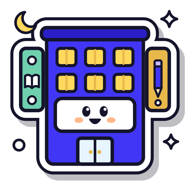 Ilustración de Academia Seúl: un edificio azul de academia con cara sonriente y todas las ventanas iluminadas, una luna creciente en el cielo, un libro y un lápiz a los lados.